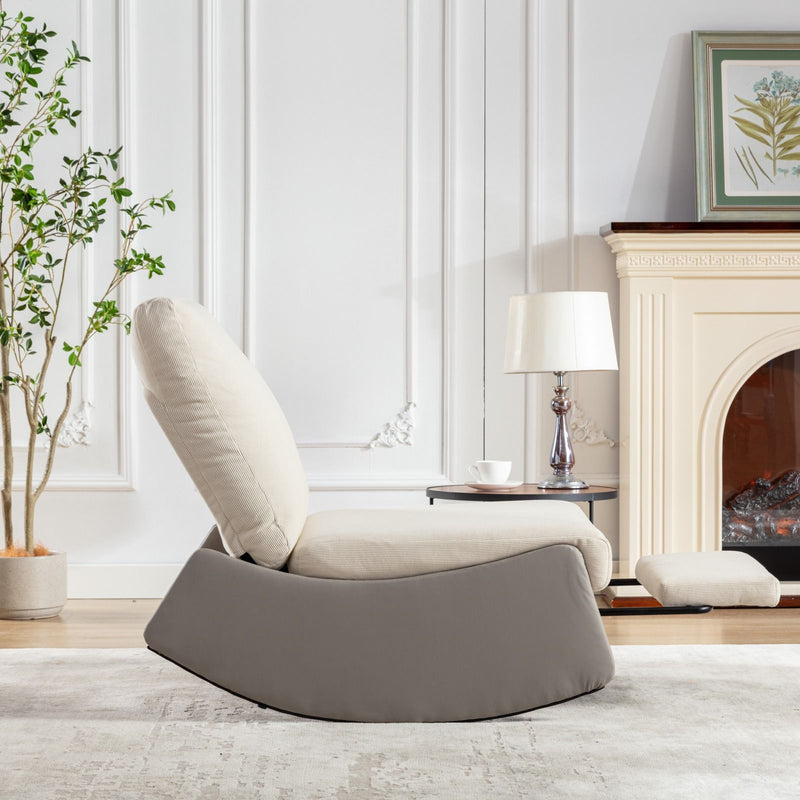 Modern Rocking Chair Recliner, Comfy Rocker Nursery Chair With Footrest, Accent Reading Chair, Upholstered Lounge Chair For Relaxing, Resting, Soft Padded Rocker For Indoor Living Room Bedroom - Gray / Beige