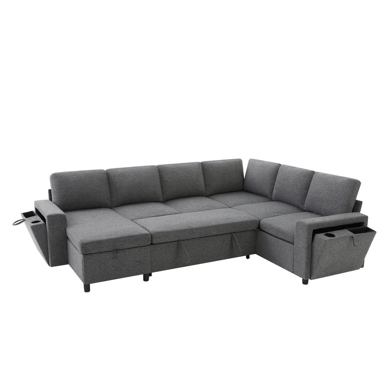 U - Shaped Convertible Sectional Sofa Bed With Storage, USB Charger & Cup Holders