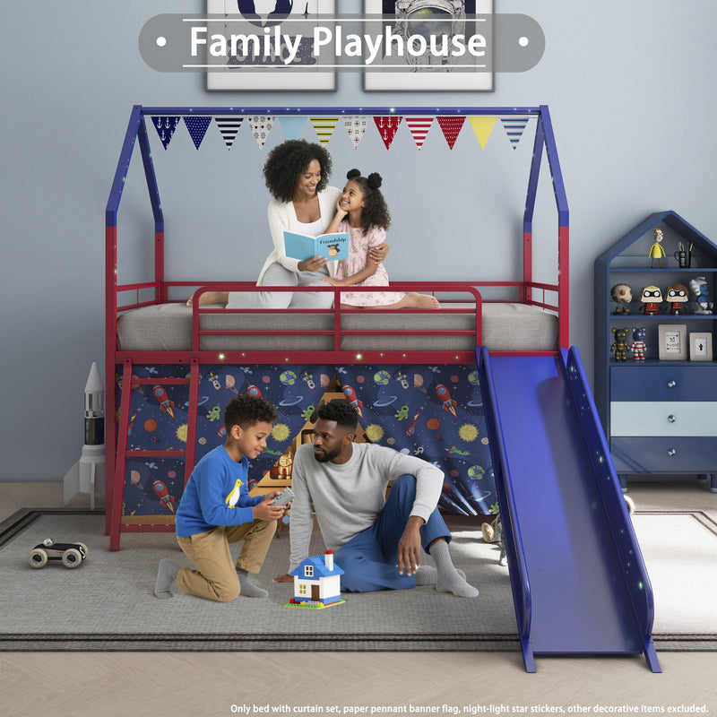 Jack - House Loft Bed With Slide And Curtain Set