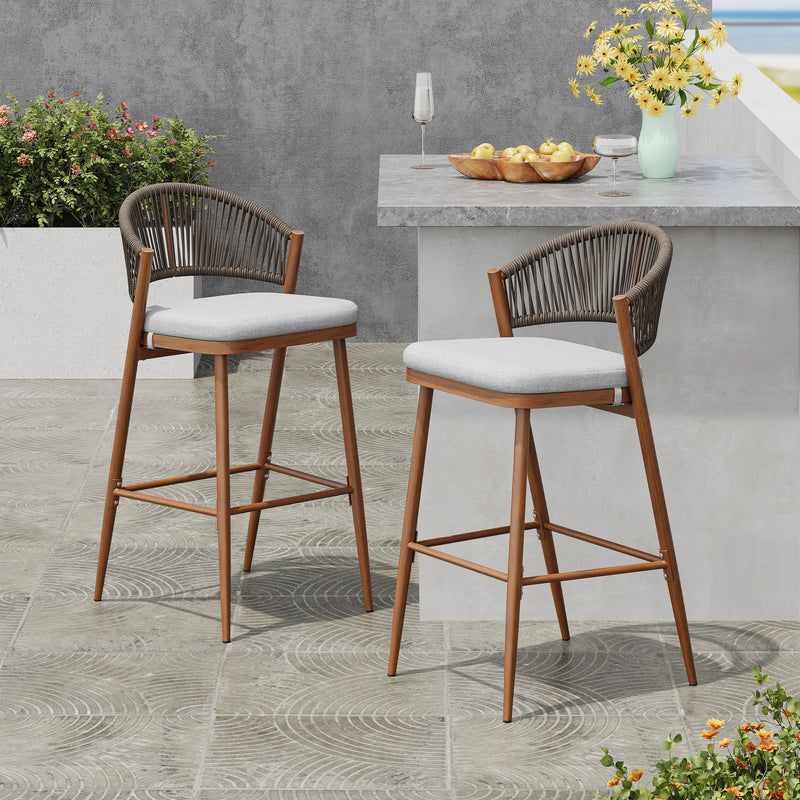 Outdoor Bar Height Metal Frame Counter Stools With Scallop Shaped Backrest & Water Resistant Cushions