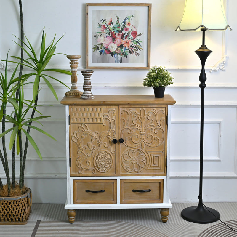 Accent Flower Carved Door Sideboard Cabinet With 2 Drawers For Kitchen - Natural Wood Wash / White
