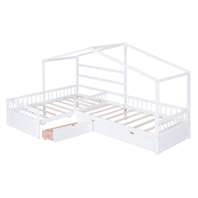 L Shape Platform Bed With 3 Storage Drawers