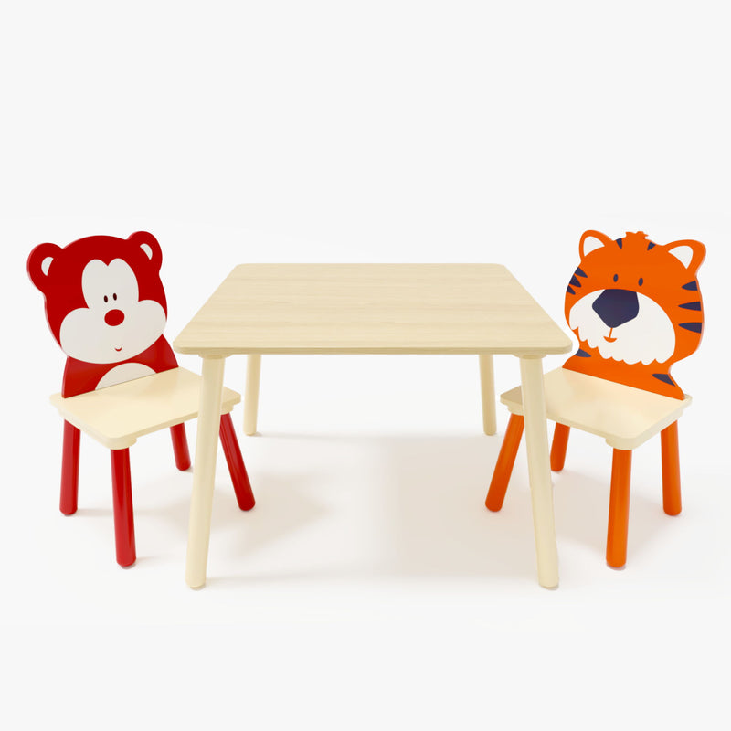 Table And 2 Chairs Set, Activity Play Table Set With Bear & Tiger Design - Natural