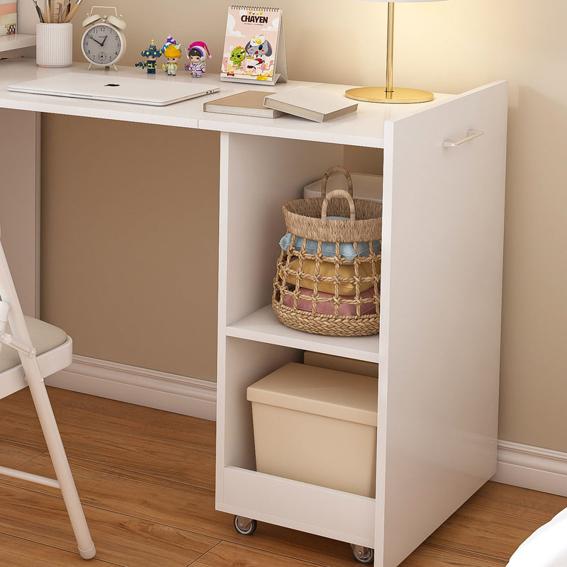 Stretchable Office Desk With Storage Shelves And Mobile Wheels