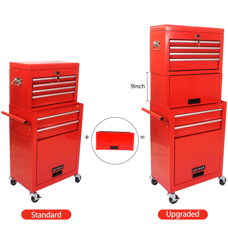 6 Drawer Lockable Tool Cabinet On Wheels, Steel Rolling Tool Chest With Detachable Toolbox