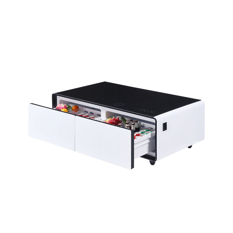 Modern Smart Coffee Table With Built-In Fridge, tooth Speaker, Wireless Charging Module, Touch Control Panel, Power Socket, USB Interface, Outlet Protection, Atmosphere Light