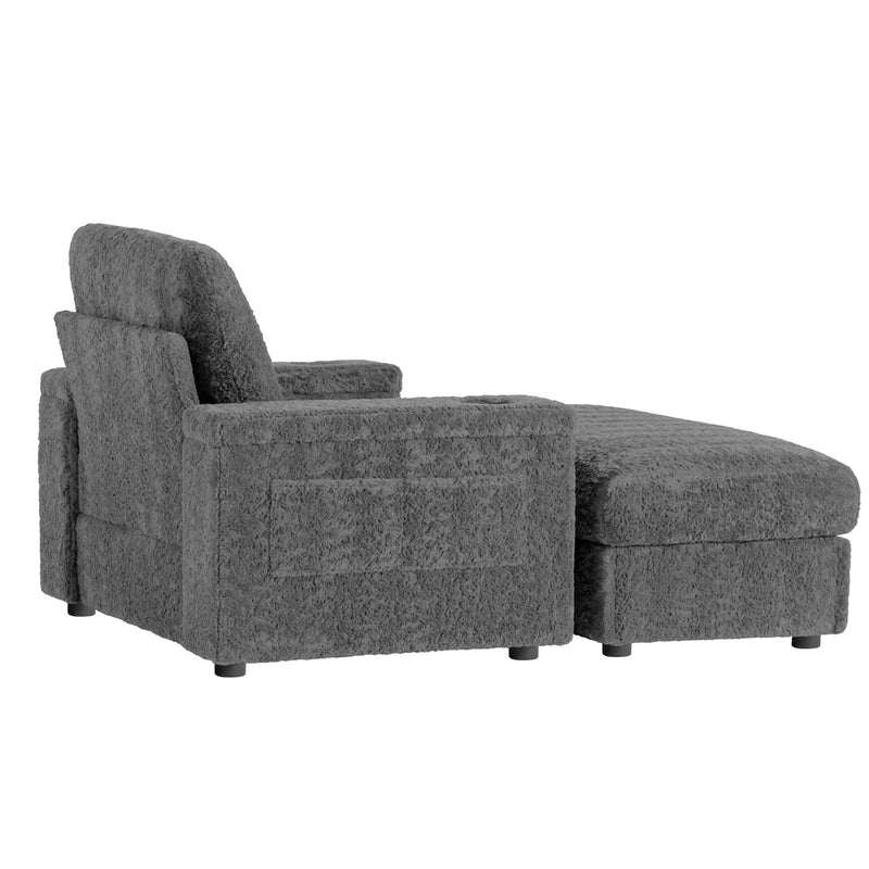Oversized Chaise Lounge Indoor Rabbit Fur Sofa Bed With Storage Ottoman And Armrests Cup Holders With Deep Seat