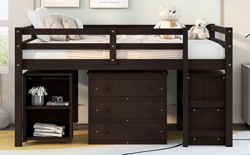 Loft Low Study Bed With Cabinet, Shelves And Rolling Portable Desk, Multiple Functions