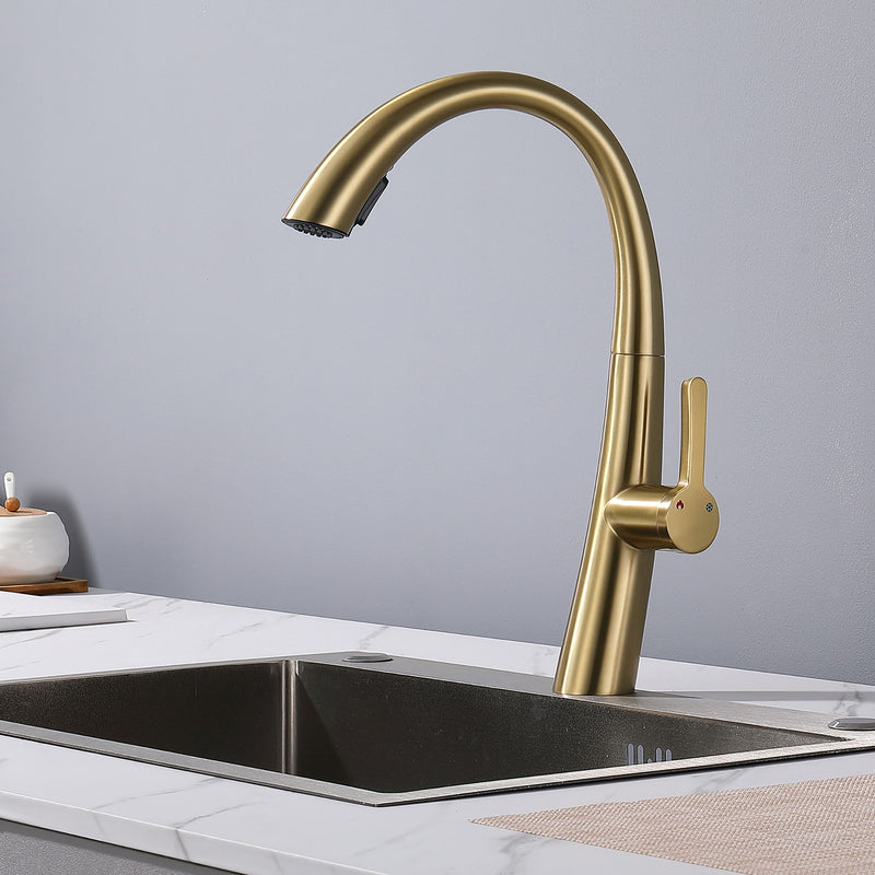 Elegant Single Handle Stainless Steel Pull Out Kitchen Faucet With High Arch Spout