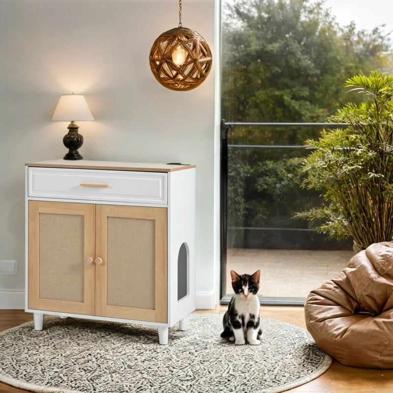 Pet Friendly Furniture Style Cat Litter Box House With Sisal Scratching Door And Charging Socket - Beige / White