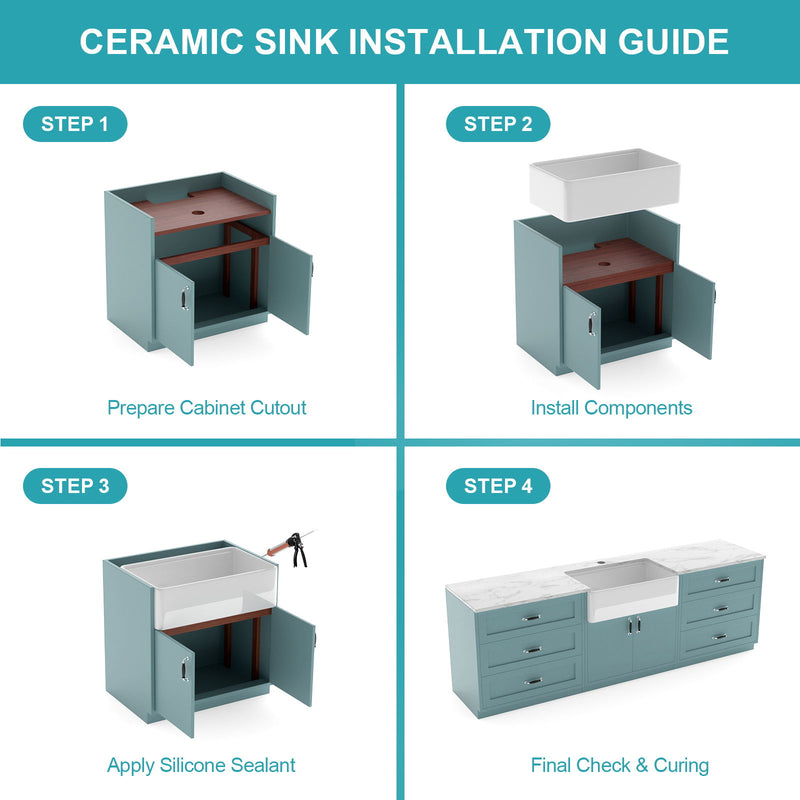 Porcelain Ceramic Farmhouse Sink Workstation With Reversible Apron Design - Single Bowl