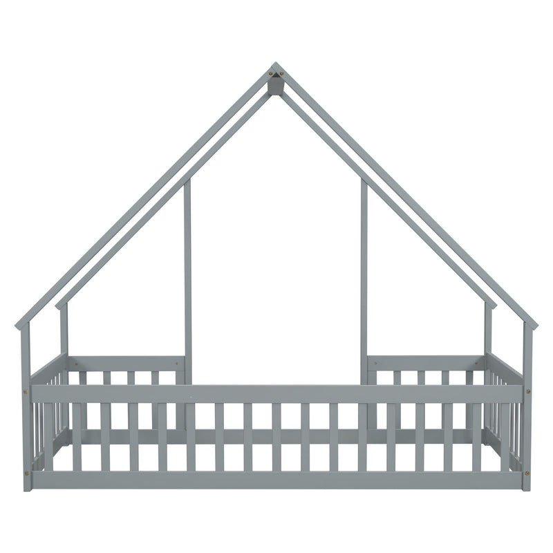 Wood House-Shaped Floor Bed With Fence, Guardrails