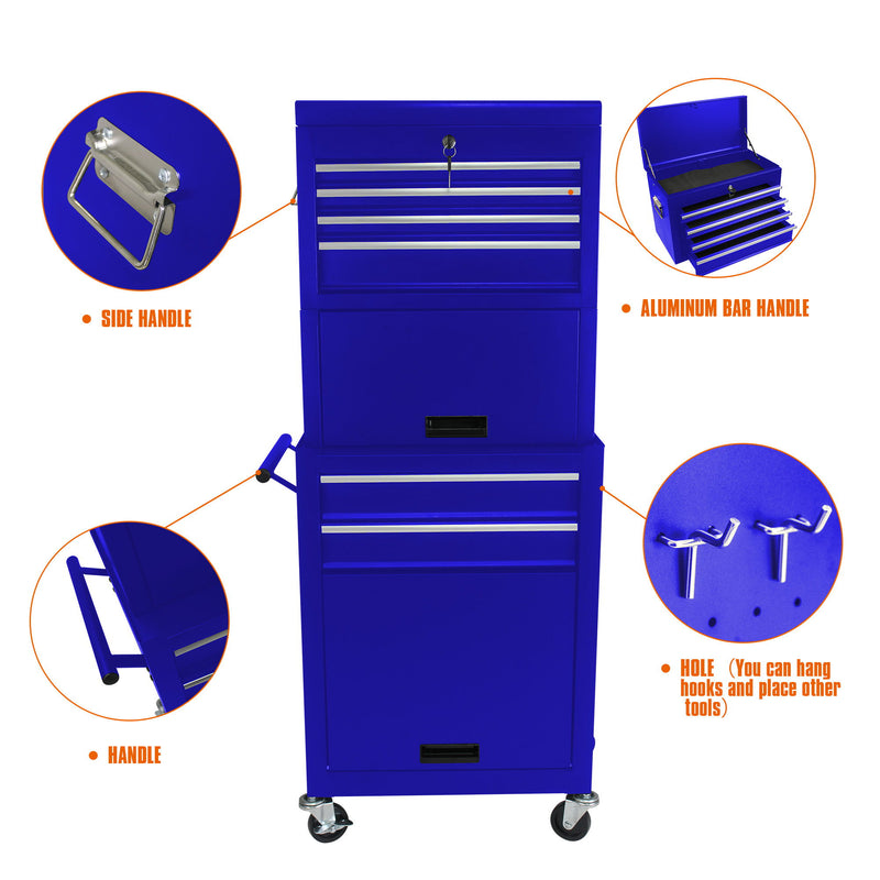 6 Drawer Lockable Tool Cabinet On Wheels, Steel Rolling Tool Chest With Detachable Toolbox