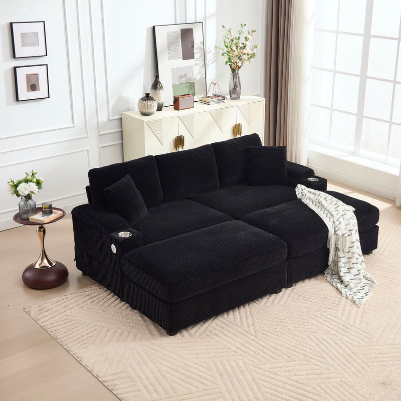 Convertible Sectional Sofa Bed Set With Armrest Storage, Cup Holder, USB - Black