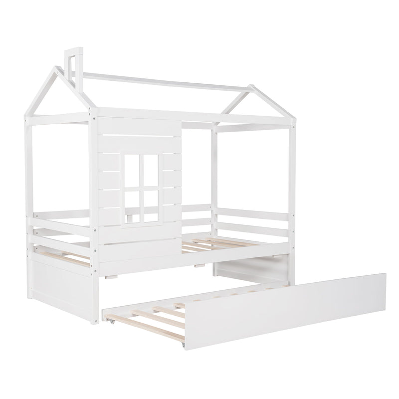 Twin Size Classic House Bed With Twin Size Trundle - White