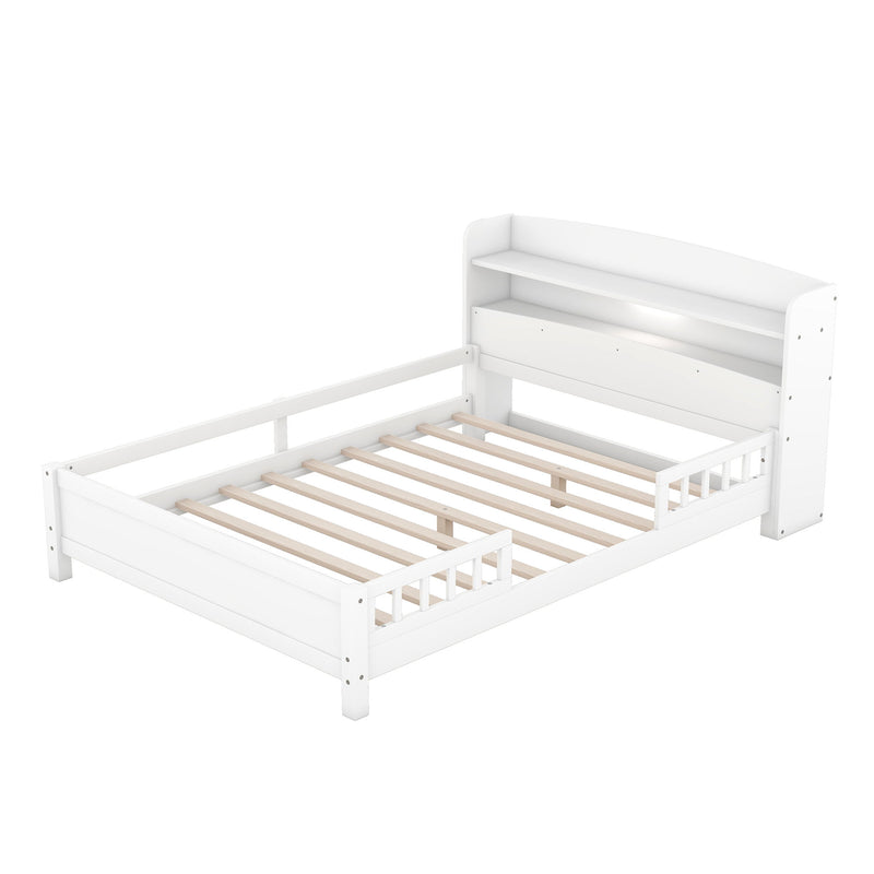 Wood Platform Bed With Built In LED Light, Storage Headboard And Guardrail
