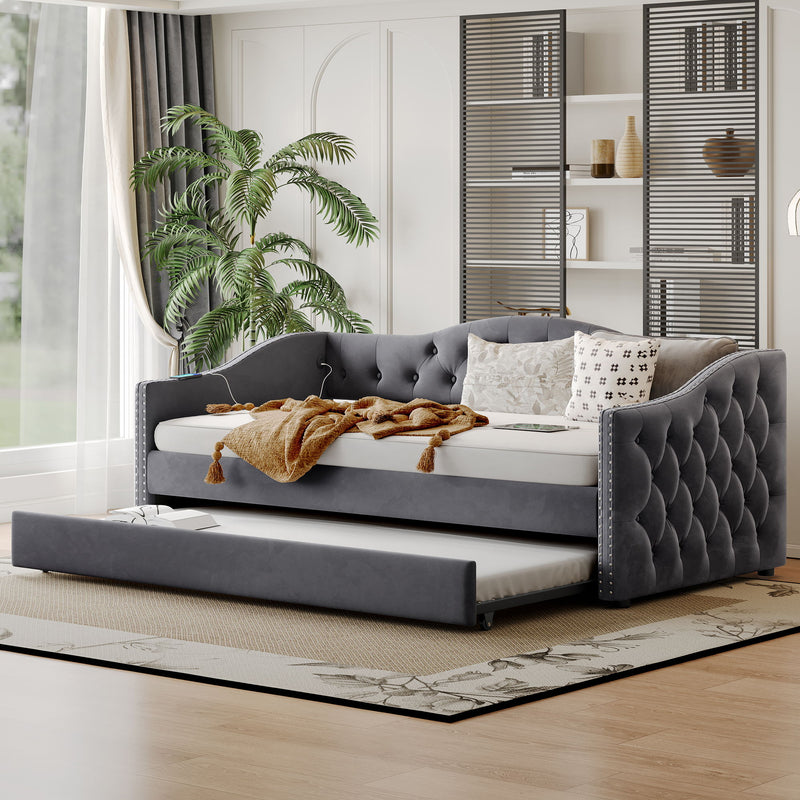 Twin Size Upholstered Daybed With Trundle And USB Charging Design For Bedroom - Gray