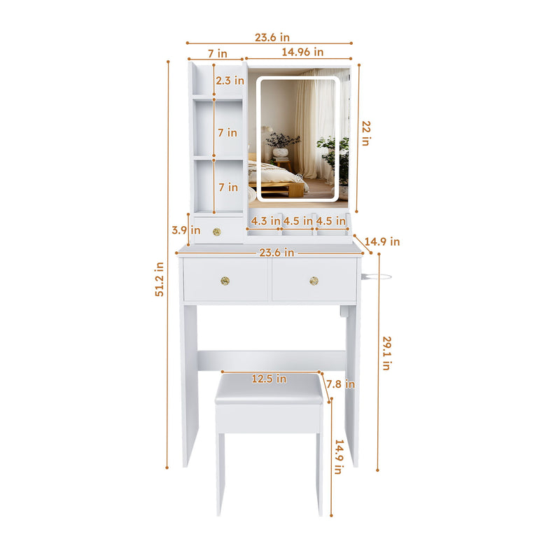 Modern Small Vanity Desk With 3 LED Lighting Modes, 3 Drawers