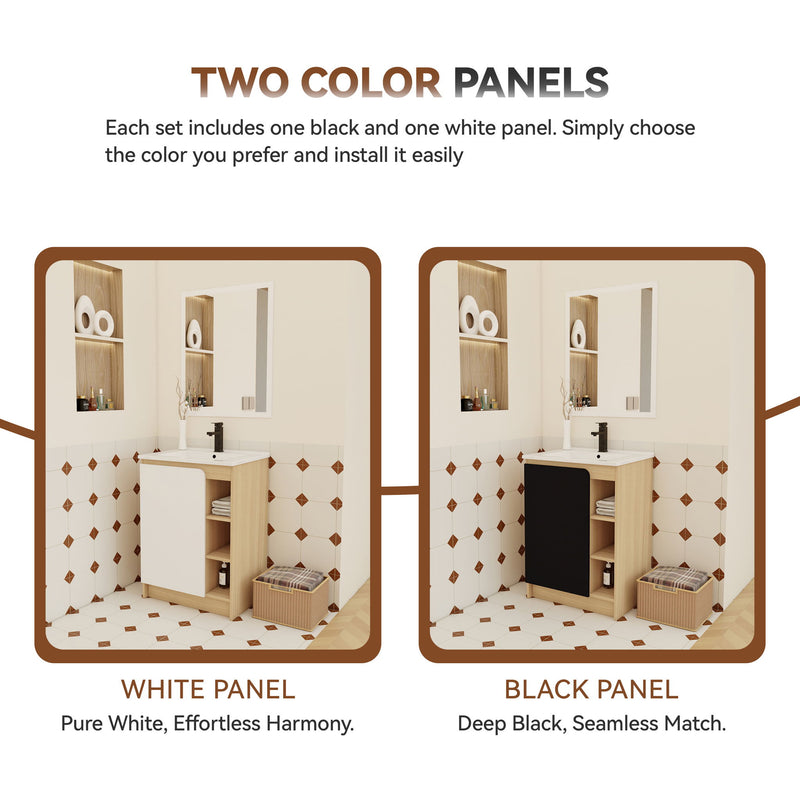 24" Bathroom Vanity With Sink & Tall And Low Side Cabinets, Vanity Set With Thin Edge Sink & Interchangeable Door Panels, 3 Piece Bathroom Storage Set - Black / Light Oak / White
