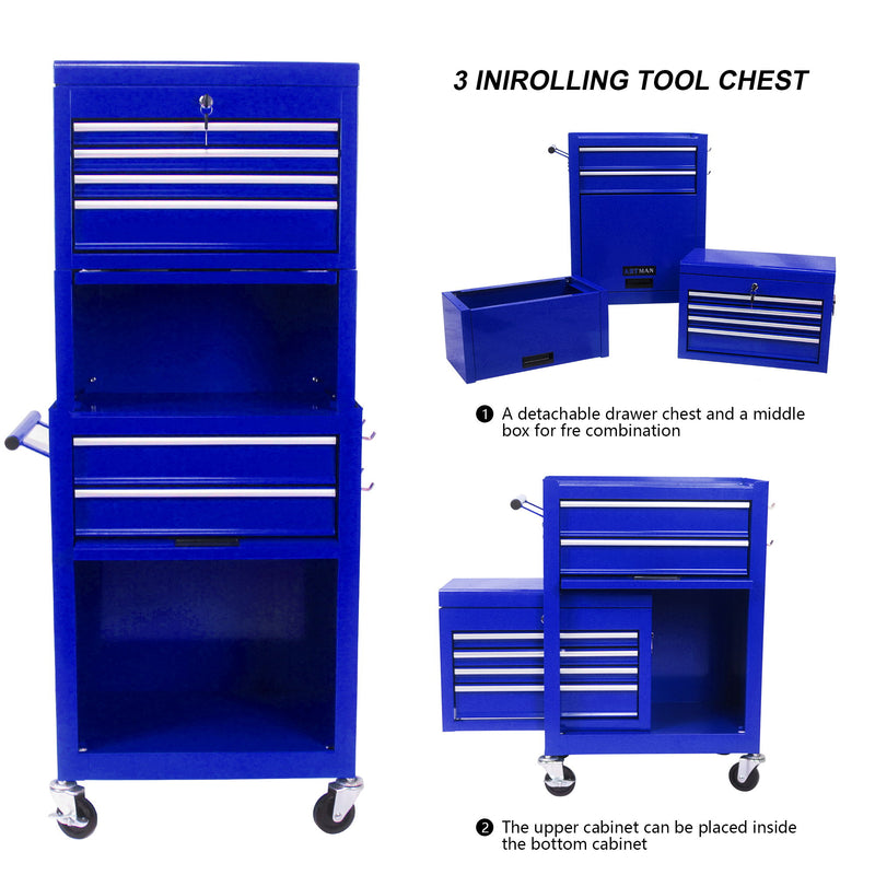 6 Drawer Lockable Tool Cabinet On Wheels, Steel Rolling Tool Chest With Detachable Toolbox