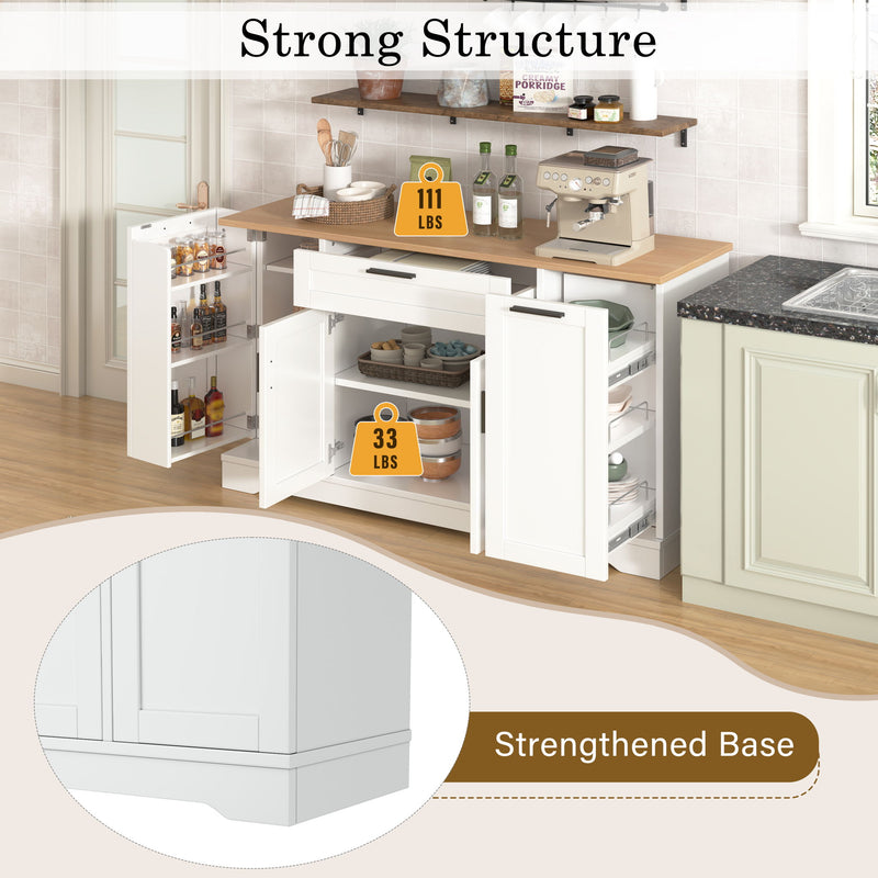 Sideboard With Extendable Table, Adjustable Shelves, 3 Tier Pull Out Rack - White