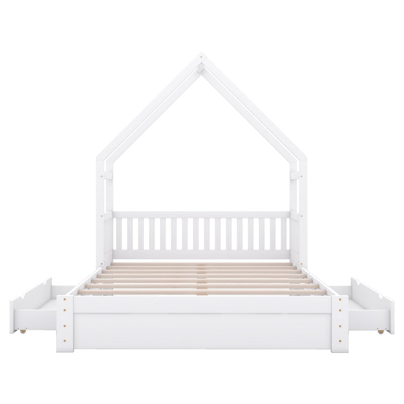 House Style Platform Bed With Guardrail And 2 Drawers