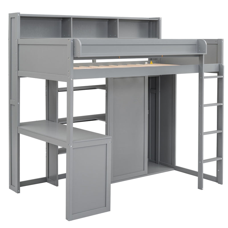 Loft Bed With Built In Desk, Storage Shelves, And Wardrobe