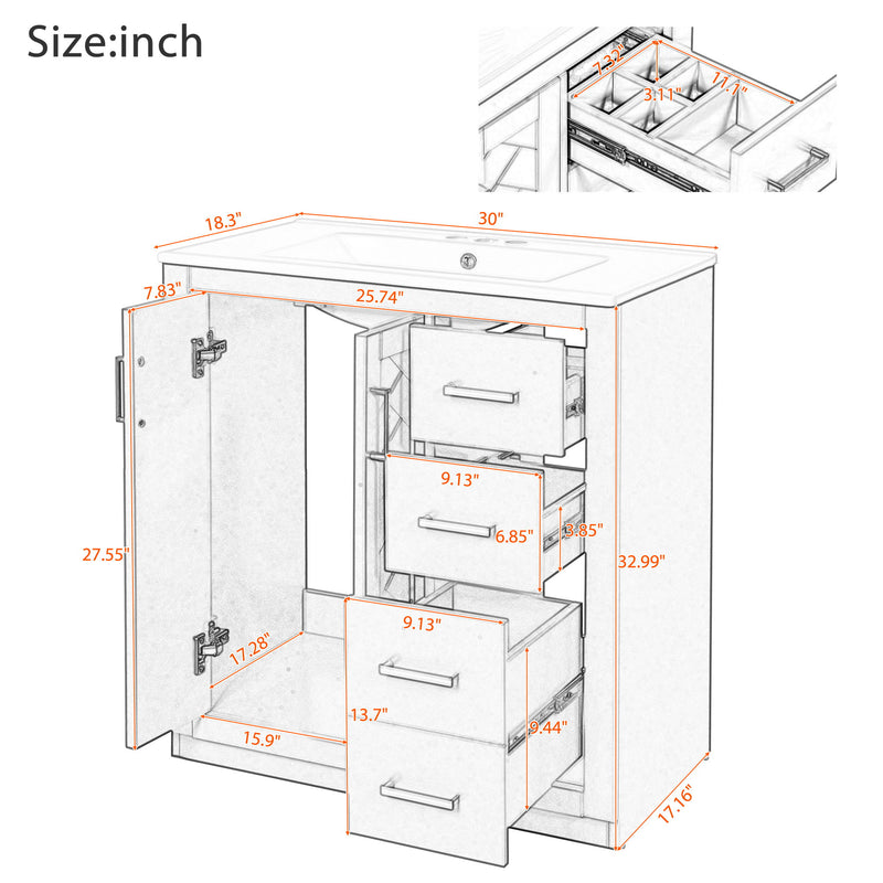 Bathroom Vanity With Sink, Storage Cabinet, Freestanding Set With 3 Drawers & Soft Closing Doors