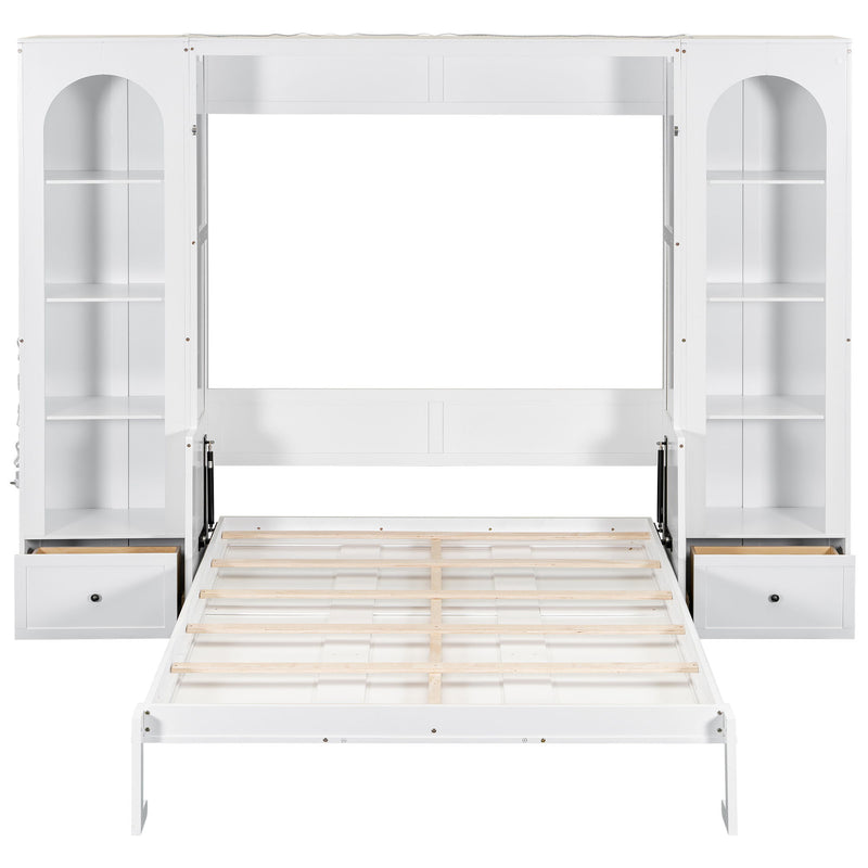 French Style Murphy Platform Bed With Shelf, Side Cabinets, Drawers And LED