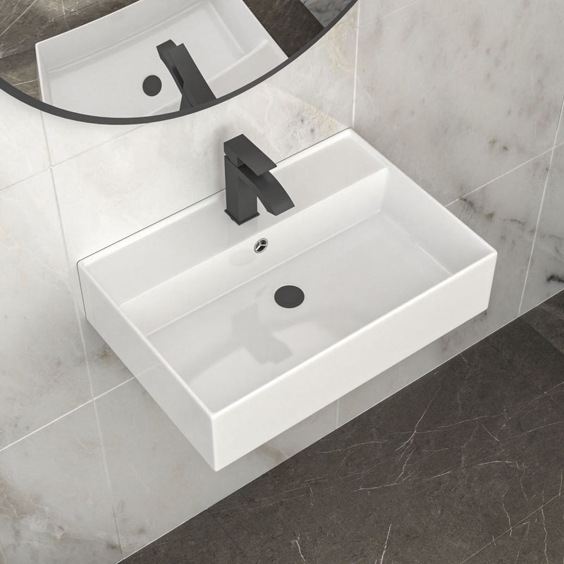 Modern Ceramic Rectangular Wall Mounted Bathroom Sink With Faucet Hole & Overflow
