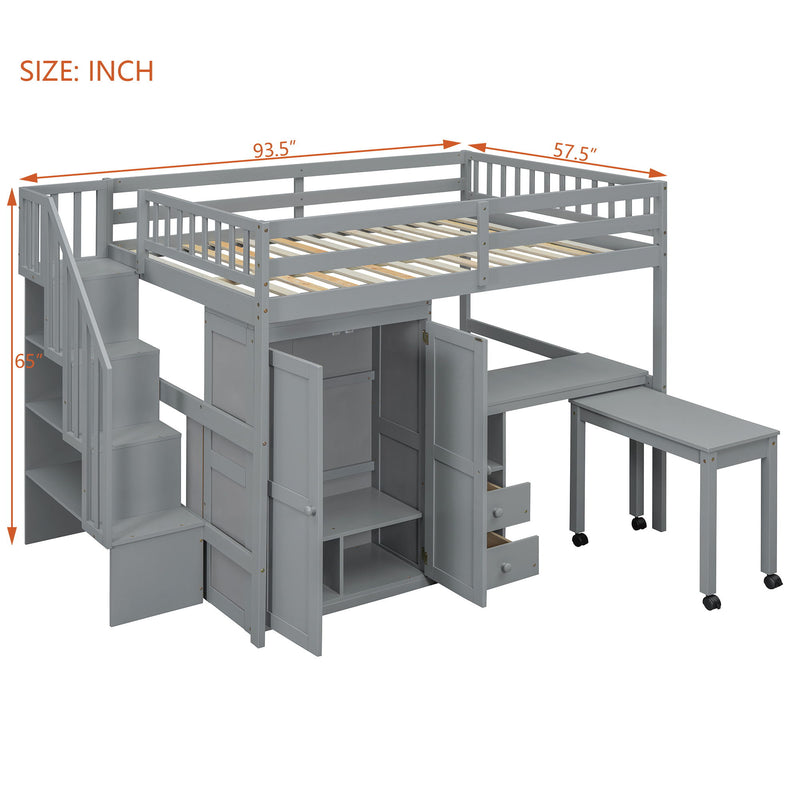 Loft Bed With Stairs, Bookshelf, Drawers, Desk & Wardrobe, Space Saving Multifunctional Furniture