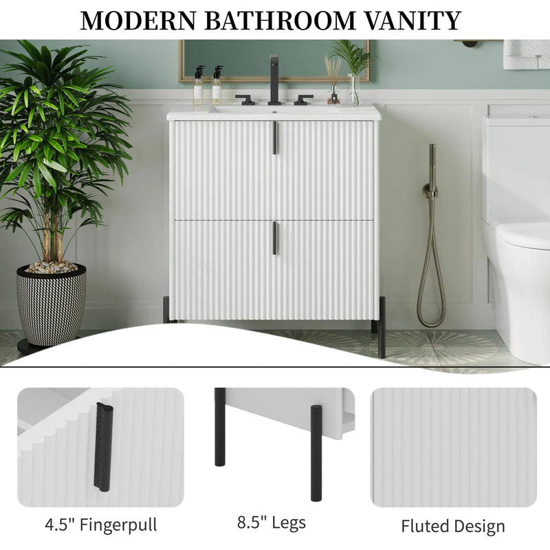 Fluted Bathroom Vanity With Ceramic Sink, Freestanding Design