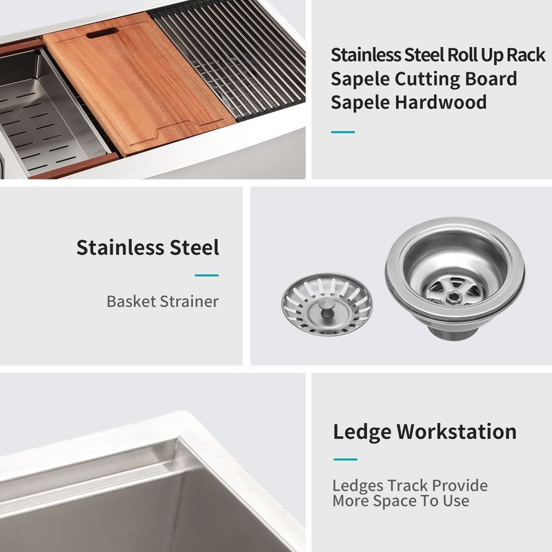 Double Bowl Farmhouse Sink Workstation 33" Stainless Steel 16 Gauge Apron Front - Brushed Nickel