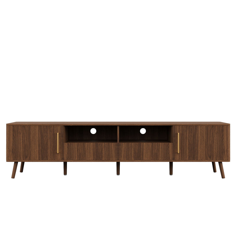 78" TV Stand For 85" TVs With Fluted Doors, Open Shelf, Cable Management - Walnut