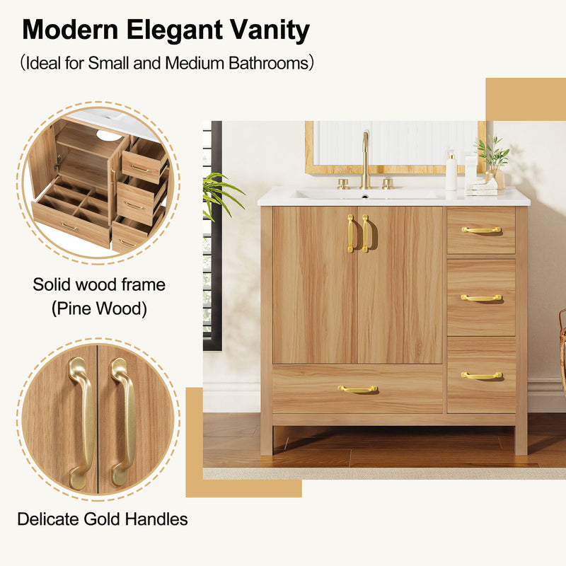 36" Bathroom Vanity, 2 Soft Close Doors, 4 Soft Close Drawers, Adjustable Shelf, Storage Cabinet - Acacia Wood