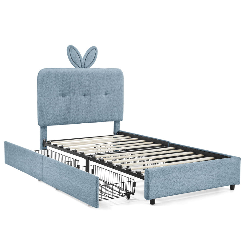 Upholstered Bed With Oversized Rabbit Ear Headboard, LED Lights & 4 Storage Drawers