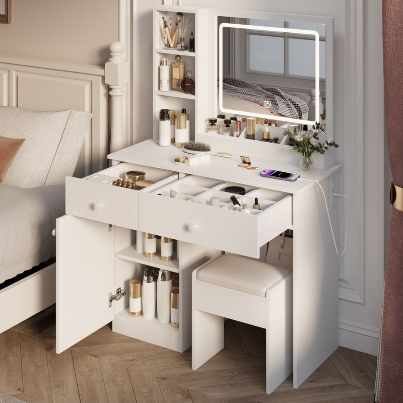 Fashion Vanity Desk With Mirror And Adjustable Lights, Makeup Table Set With 2 Drawers - White