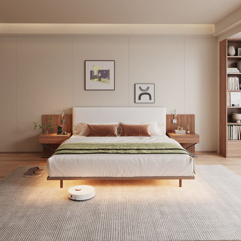 Floating King Size Bed With Integrated Side Tables And Smart Lighting - Beige Gray / White