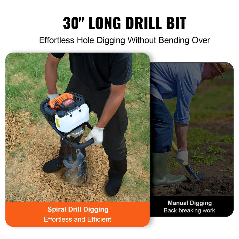 Vevor Gas Post Hole Digger 52Cc 1450W With 8 Drill Bits & Extension Rod Aluminium Alloy - Black