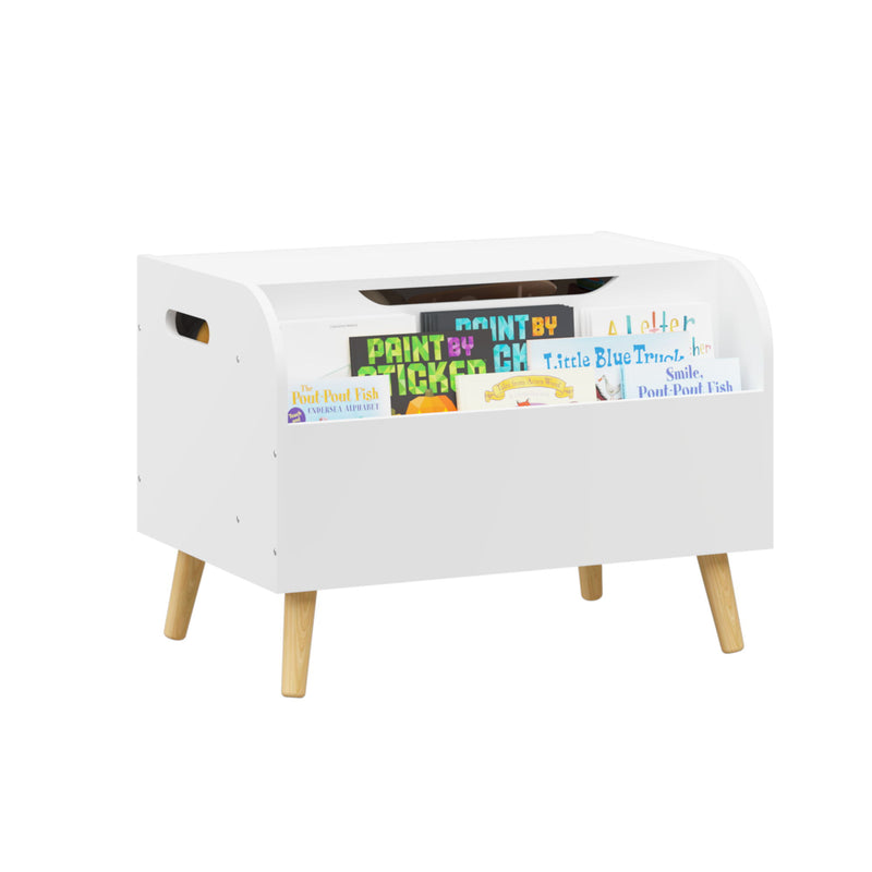Toy Box With Front Bookshelf, Flip Top Lid, Safety Hinge For Kids Room Organization - White