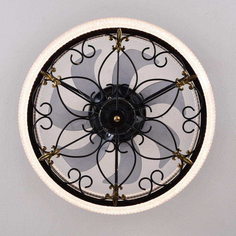 20" Caged Ceiling Fan With Remote Control And Crystal Sand Lampshade - Matte Black