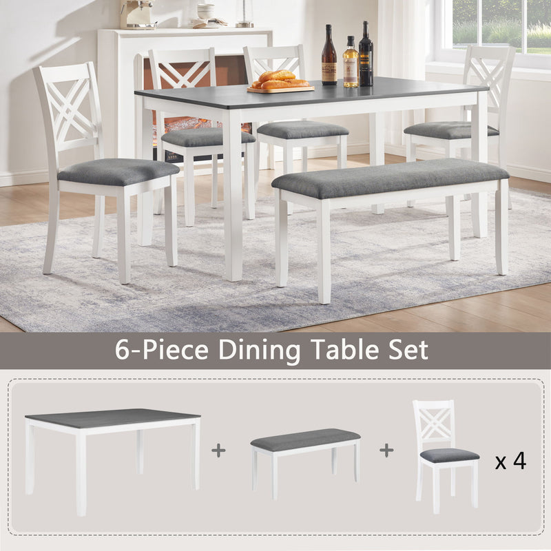 6 Piece Kitchen Dining Set, Rectangular Dining Table With 4 Upholstered Chairs And Bench - Gray / White