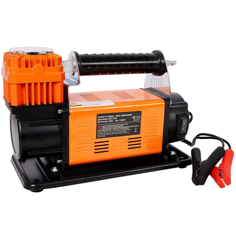 Heavy Duty 12V Air Compressor, Tire Inflator With Pressure Gauge, Compact Size - Black / Orange