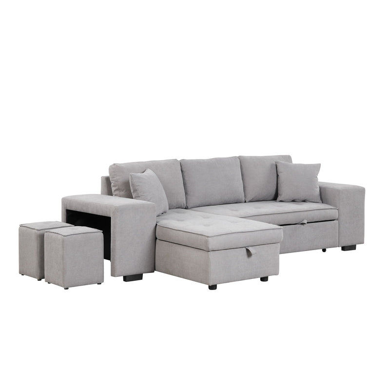Modern L-Shape 3 Seat Reversible Sectional Couch, Pull Out Sleeper Sofa With Storage Chaise And 2 Stools For Living Room Furniture Set