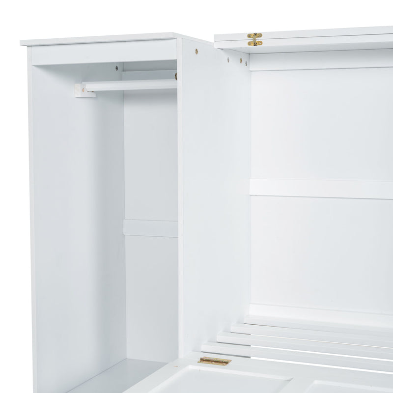 Twin Size Murphy Bed With Bedside Shelves And Wardrobe - White