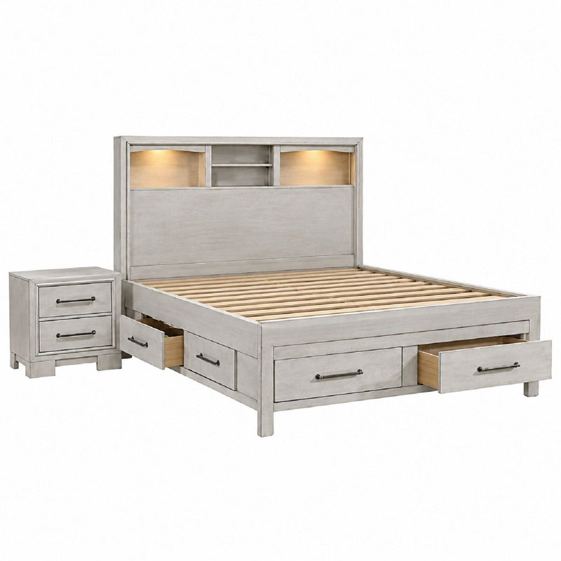 Bed Set With Storage Drawers, Open Shelves, And Built In LED Lighting
