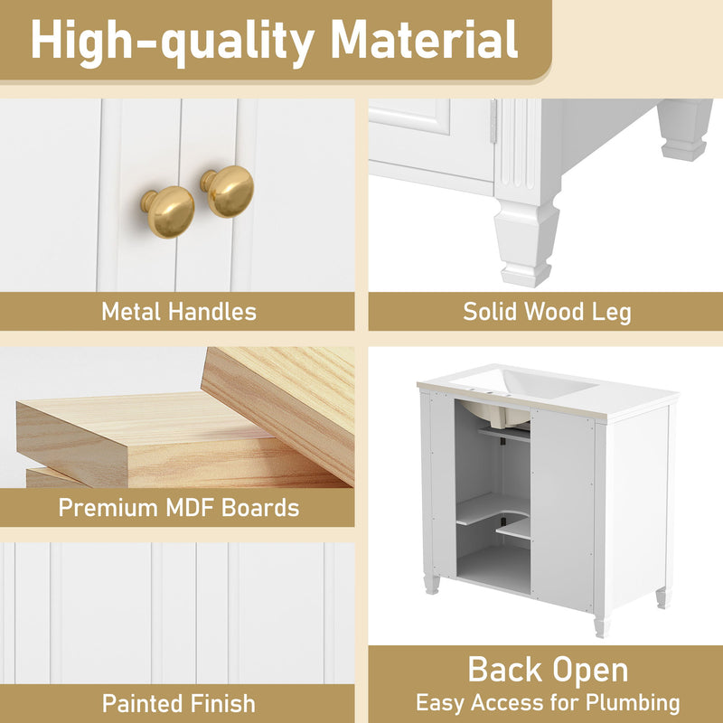 Modern Bathroom Vanity With Ceramic Sink, Freestanding, One Tip Out Drawer, 3 Side Drawers, Adjustable Shelf