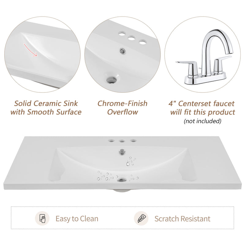 36" Single Bathroom Vanity Top With Undermount Basin, 3 Faucet Holes, Flat Edge - White