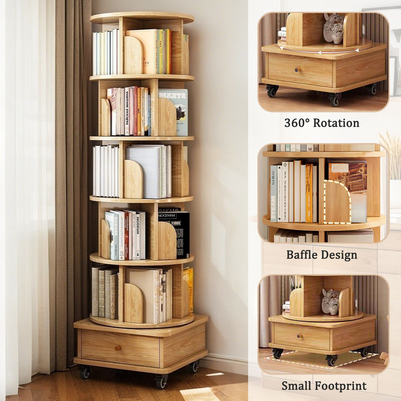 6 Tier Rotating Bookshelf With Wheels And Drawer, 360° Spinning Design, Space Saving Storage, For Home - Wood