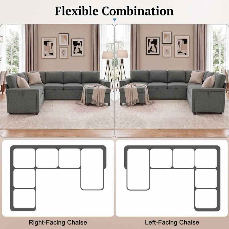 U - Shaped Convertible Sectional Sofa Bed With Storage, USB Charger & Cup Holders